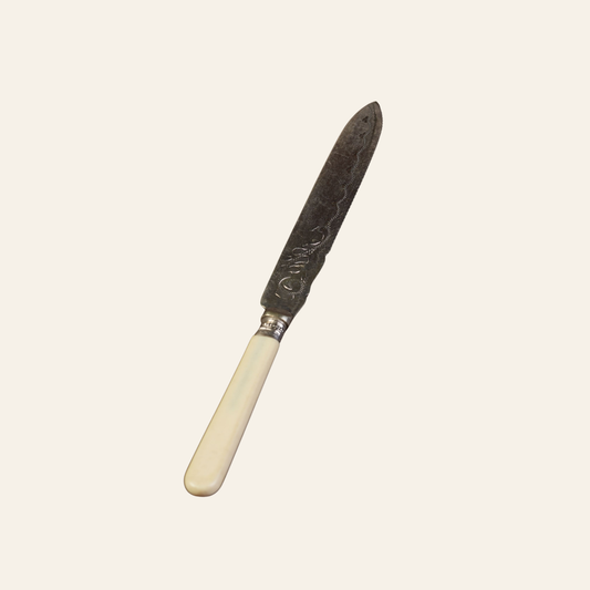 Antique Silver-Mounted Bone-Handled Cake Knife, Engraved Blade