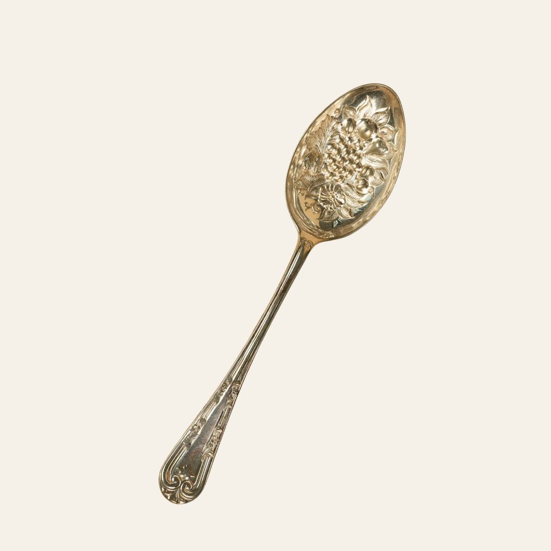 Antique Silver-Plated Serving Spoon with Embossed Fruit & Floral Bowl