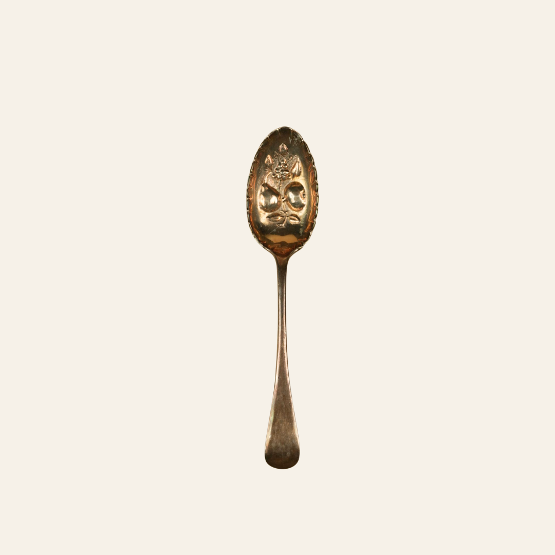 Antique Silver-Plated Berry Spoon with Embossed Fruit Bowl & Scalloped Rim