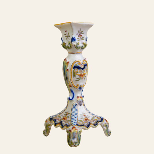 French Faience Rouen Hand-Painted Candlestick
