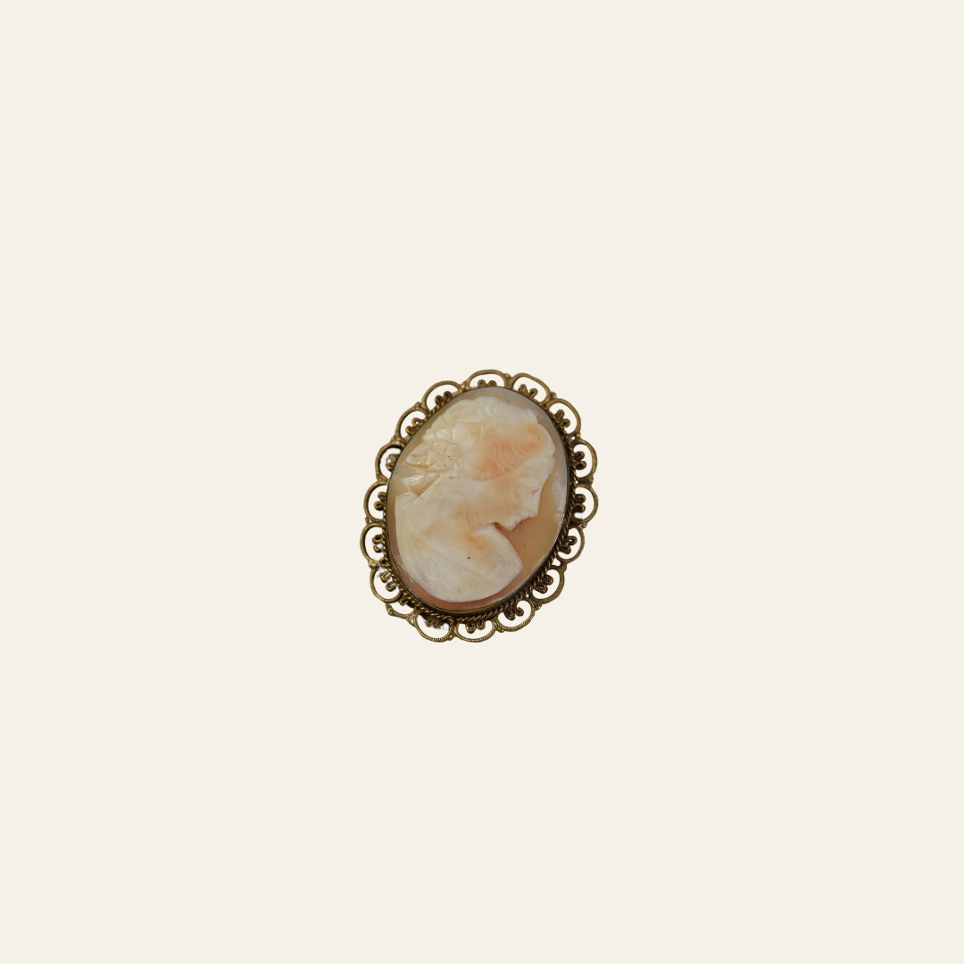 Antique Shell Cameo Pendant — Classical Profile in Beaded Filigree Frame