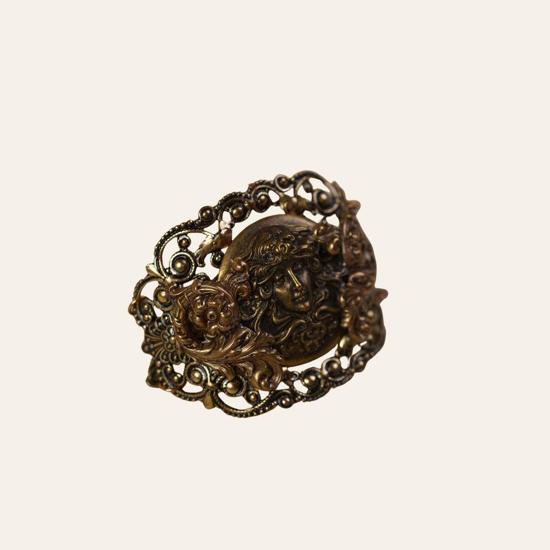 Victorian Brass Hand Cuff with Repousse Classical Face & Filigree Scrollwork
