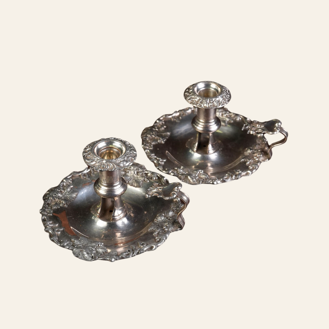 Victorian Silver-Plated Candleholders with Repousse Grape Border