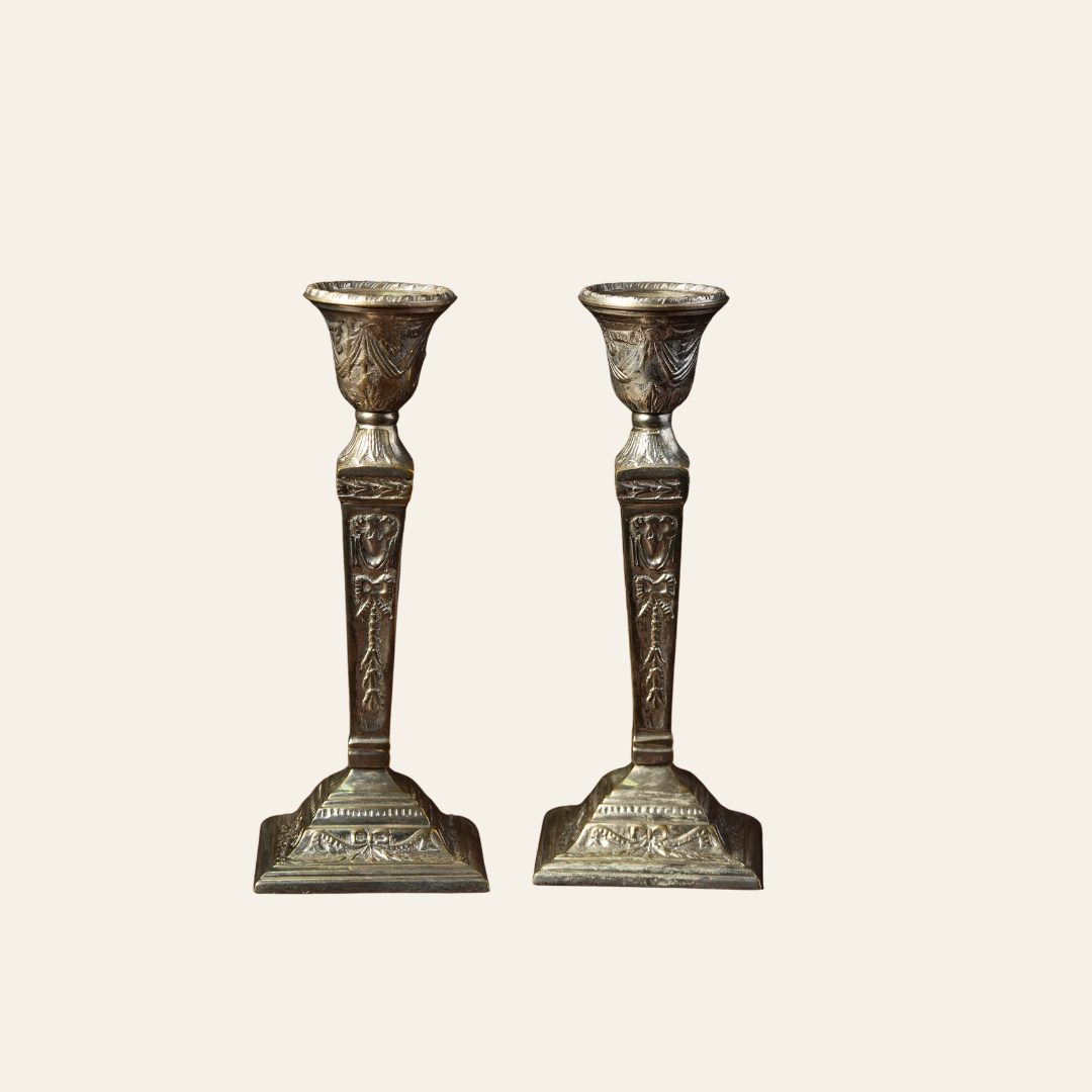 Victorian Silver-Plated Neoclassical Candlesticks with Tassel Detail