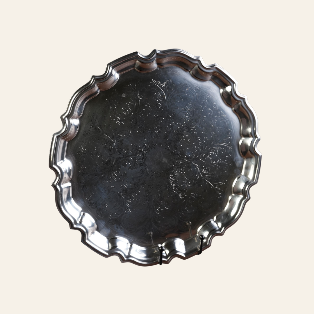 Victorian Silver-Plated Salver Tray with Engraved Scrollwork