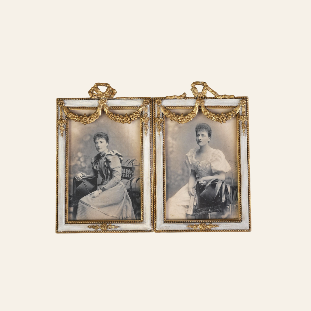 Pair of Victorian Gilt Bow Picture Frames with Original Portraits
