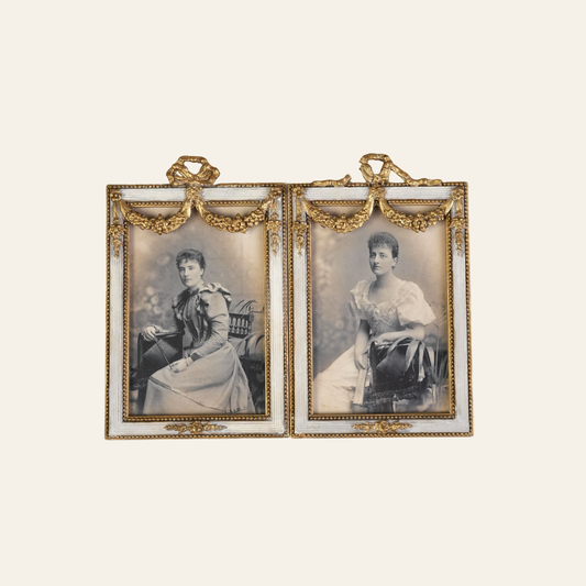 Pair of Victorian Gilt Bow Picture Frames with Original Portraits