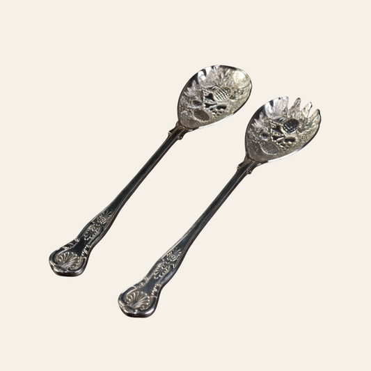 Antique Silver-Plated Pierced Salad Serving Spoon & Fork Set