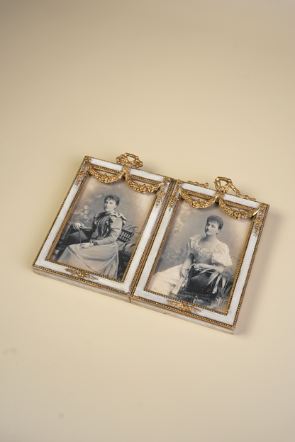 Pair of Victorian Gilt Bow Picture Frames with Original Portraits