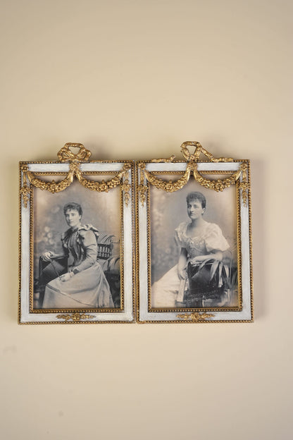 Pair of Victorian Gilt Bow Picture Frames with Original Portraits
