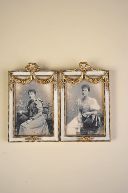 Pair of Victorian Gilt Bow Picture Frames with Original Portraits