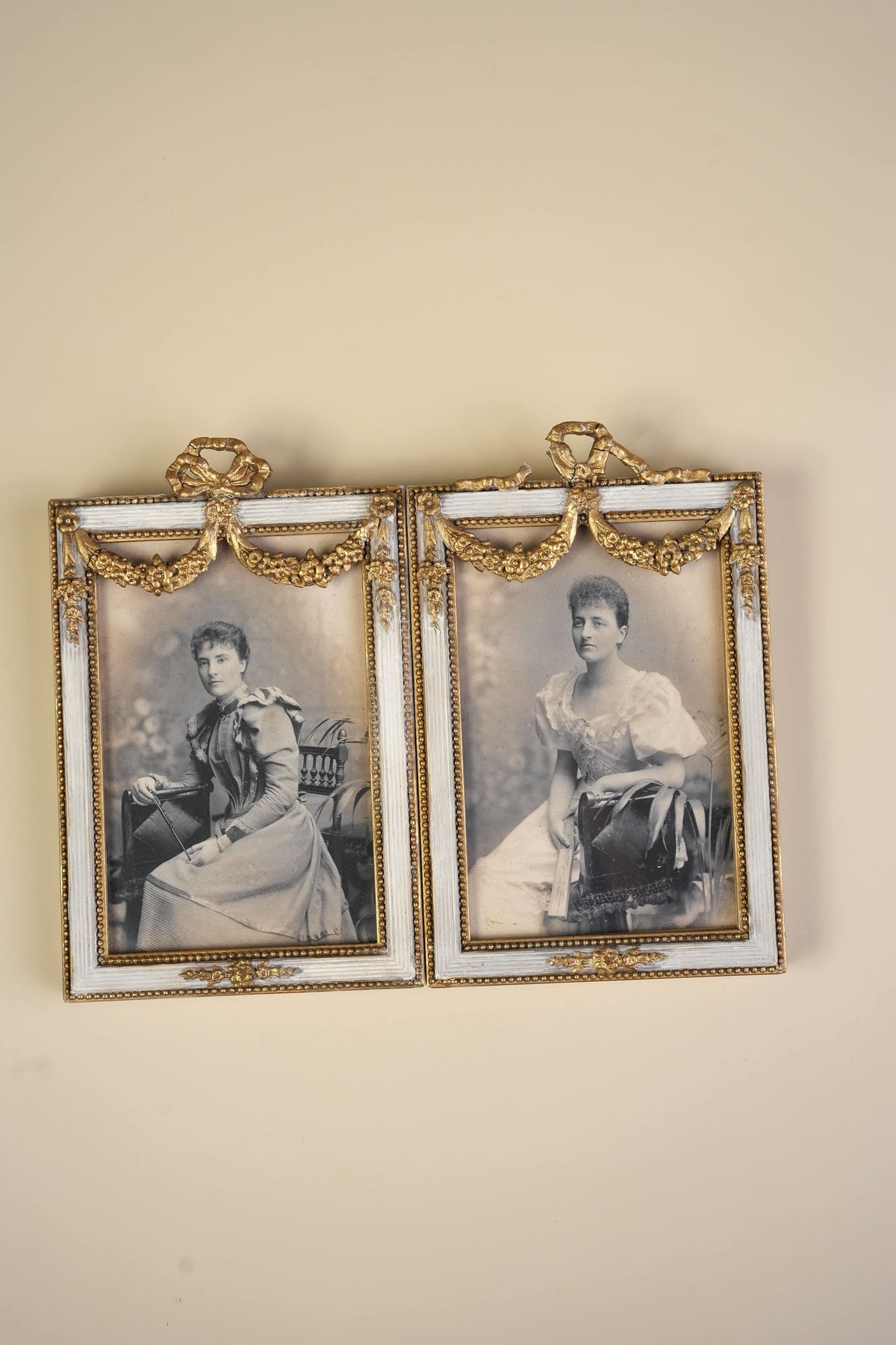 Pair of Victorian Gilt Bow Picture Frames with Original Portraits