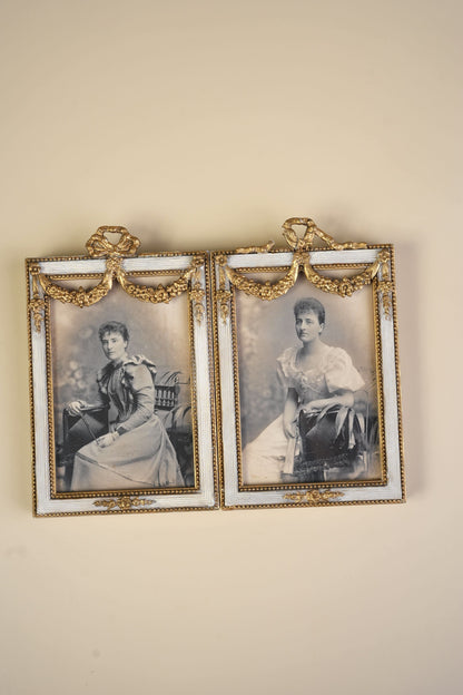 Pair of Victorian Gilt Bow Picture Frames with Original Portraits