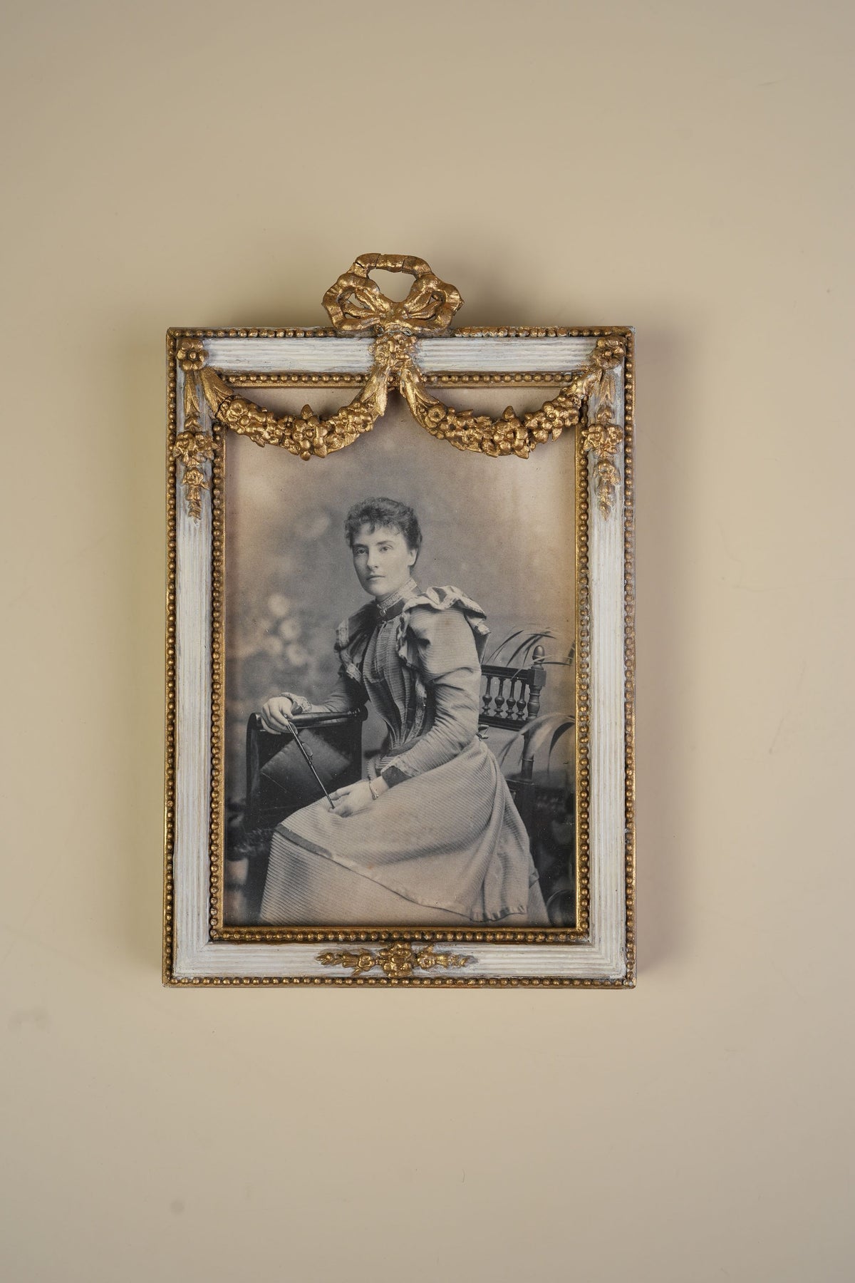 Pair of Victorian Gilt Bow Picture Frames with Original Portraits