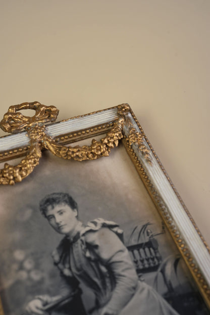 Pair of Victorian Gilt Bow Picture Frames with Original Portraits