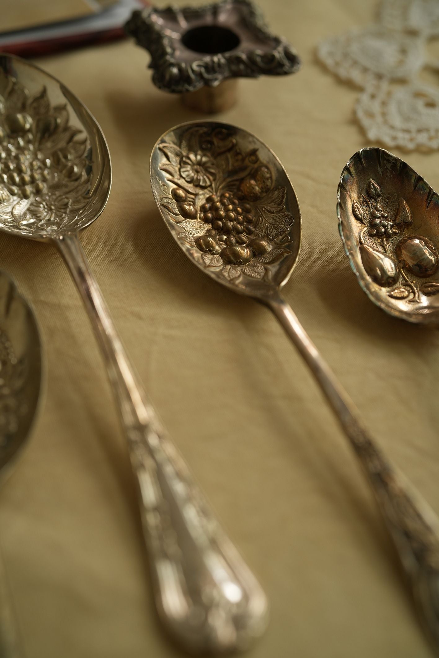 Antique Silver-Plated Berry Spoon with Ornate Repousse Handle & Embossed Grape Bowl