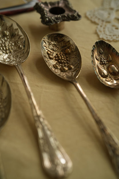 Antique Silver-Plated Berry Spoon with Ornate Repousse Handle & Embossed Grape Bowl
