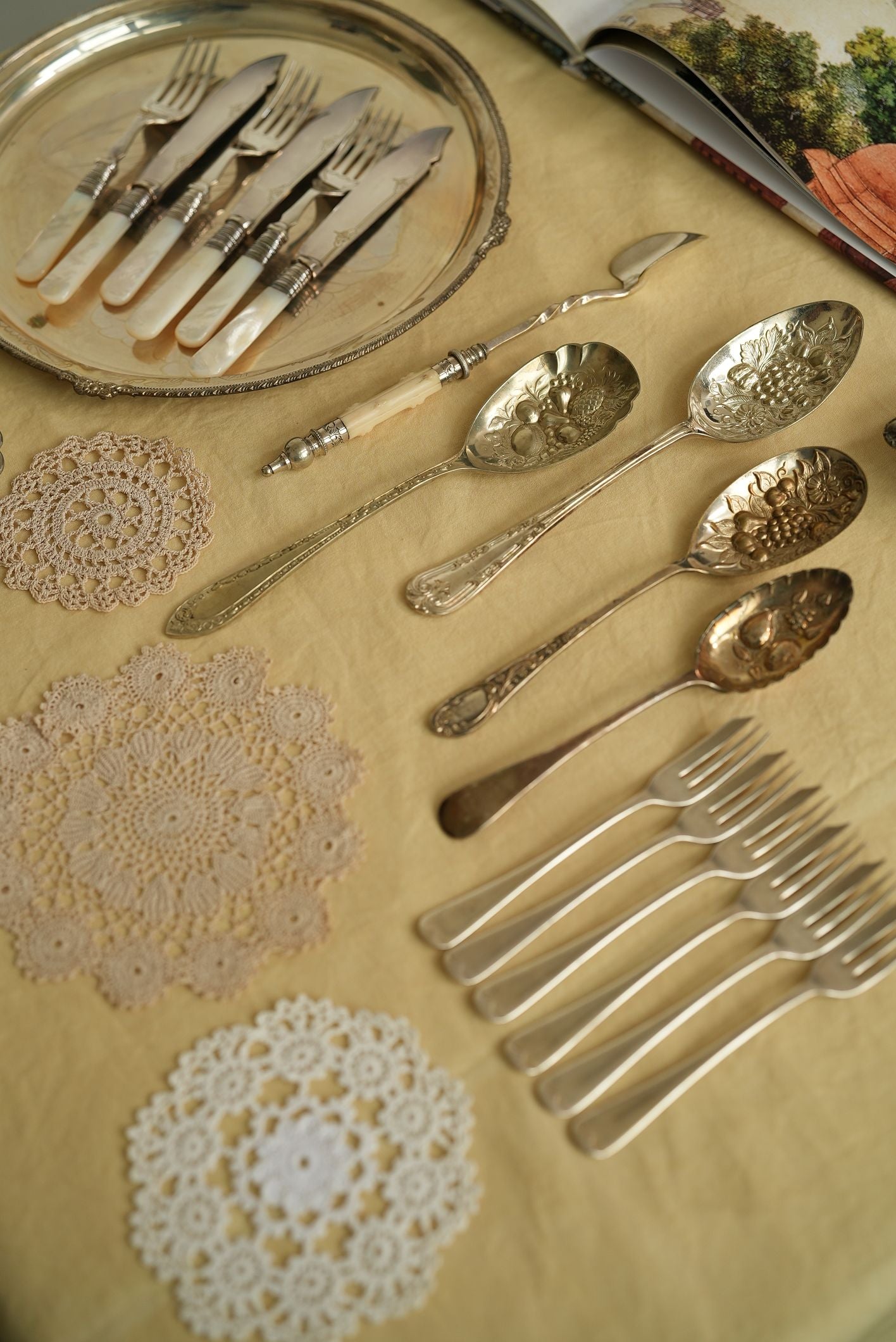 Antique Silver-Plated Berry Spoon with Embossed Fruit Bowl & Scalloped Rim