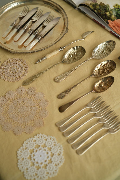 Antique Silver-Plated Berry Spoon with Embossed Fruit Bowl & Scalloped Rim