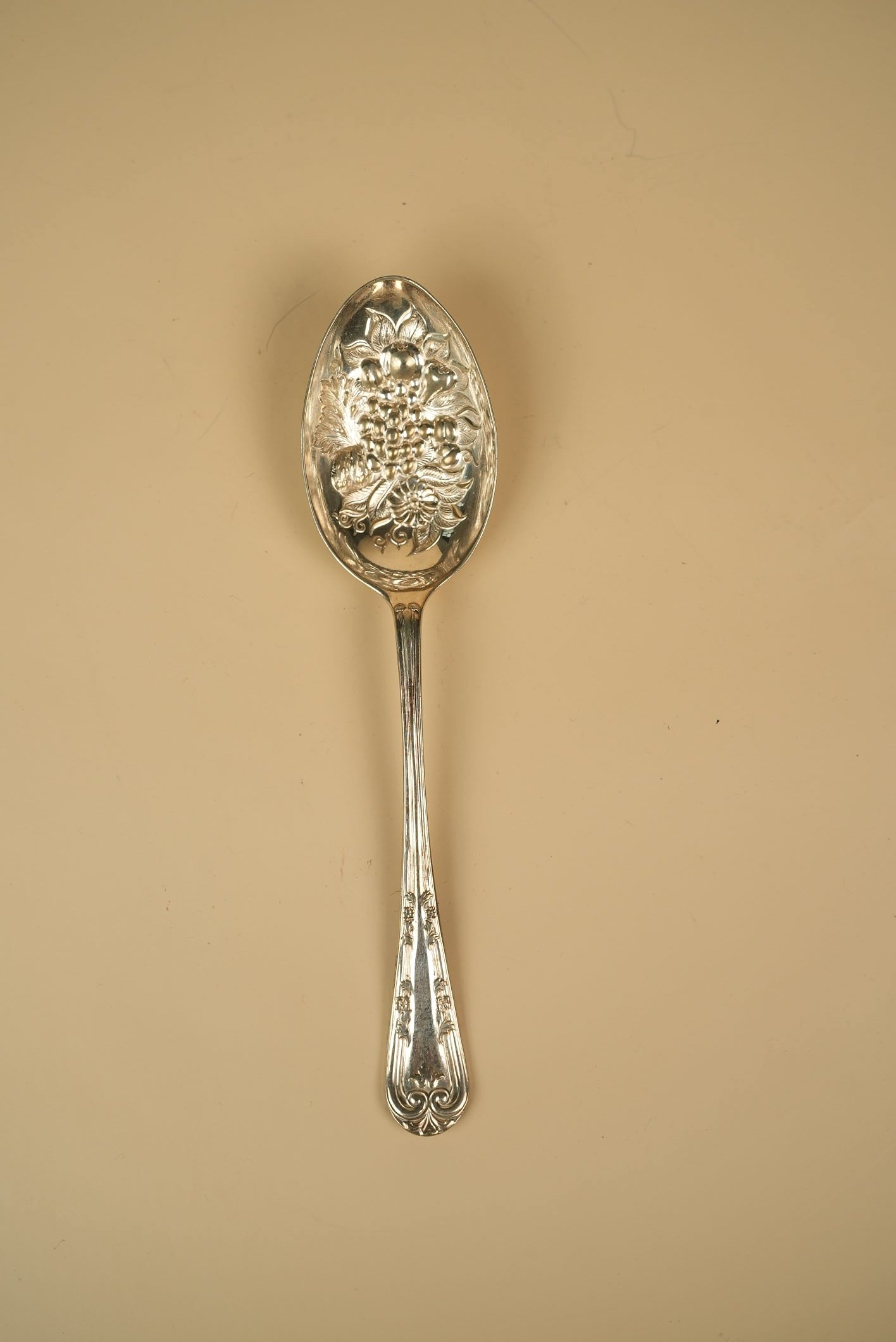 Antique Silver-Plated Berry Spoon with Embossed Floral & Grape Bowl