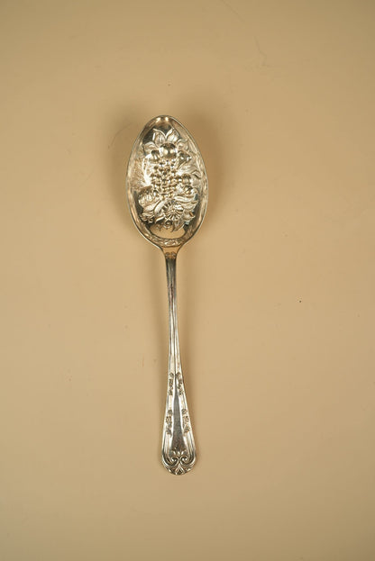 Antique Silver-Plated Berry Spoon with Embossed Floral & Grape Bowl