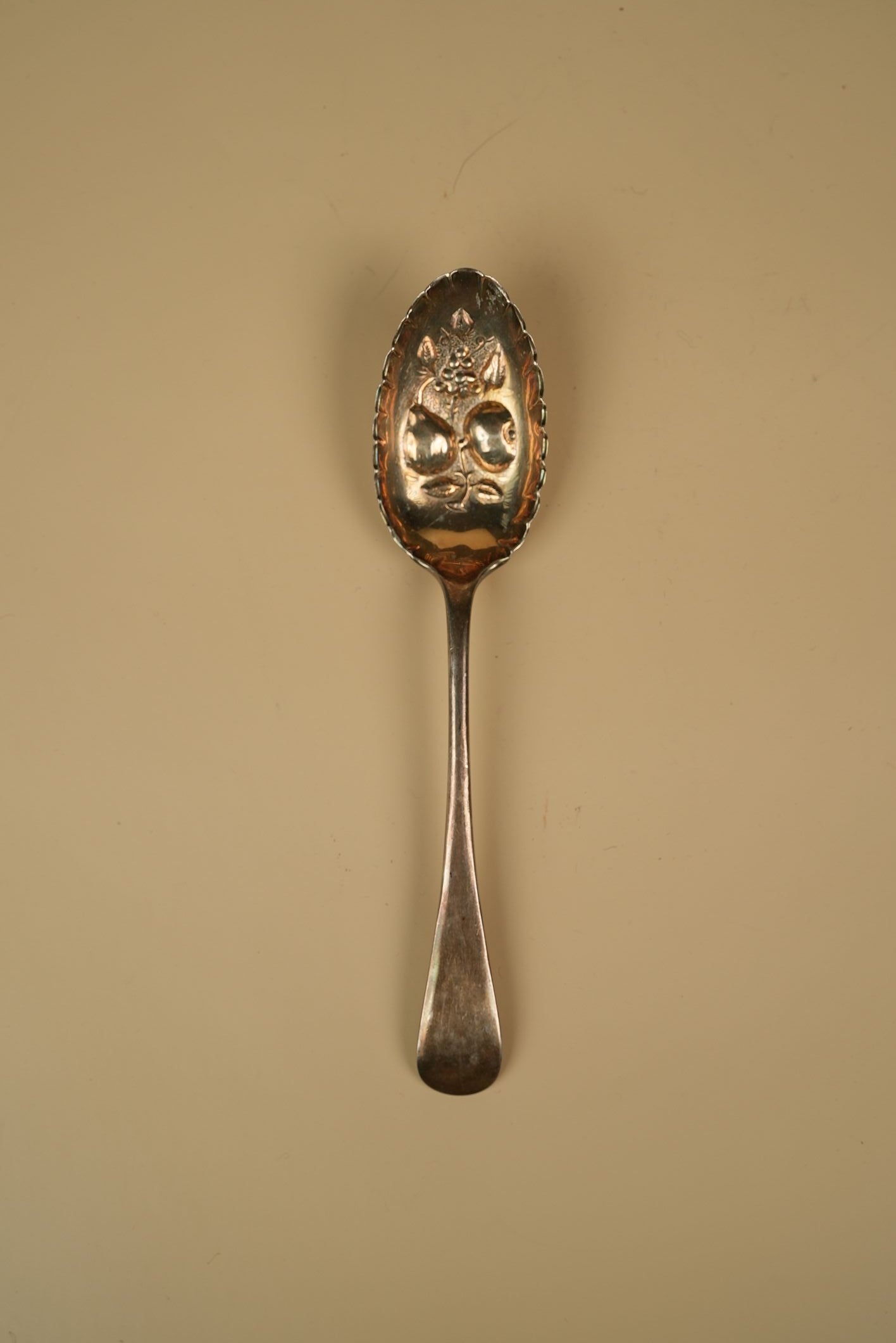 Antique Silver-Plated Berry Spoon with Embossed Fruit Bowl & Scalloped Rim
