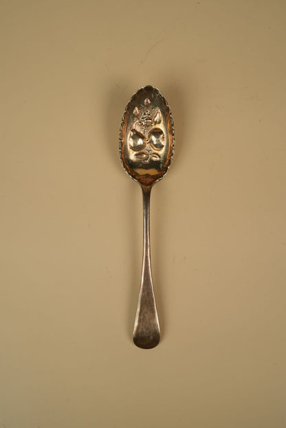 Antique Silver-Plated Berry Spoon with Embossed Fruit Bowl & Scalloped Rim