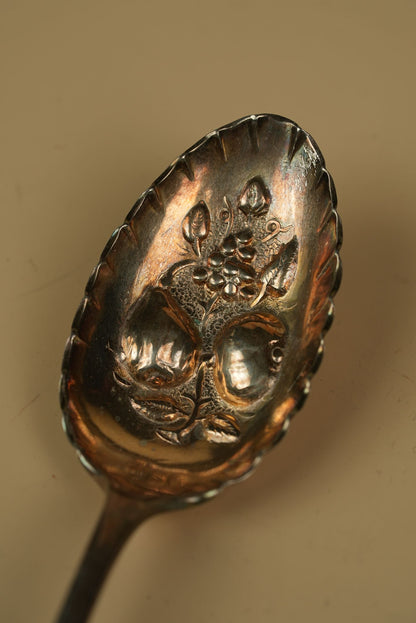 Antique Silver-Plated Berry Spoon with Embossed Fruit Bowl & Scalloped Rim