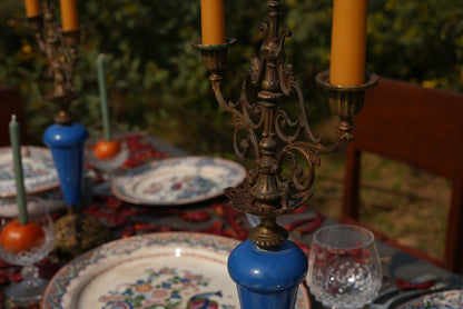 Rare Antique French Brass & Porcelain Candle Stands | Set of 2