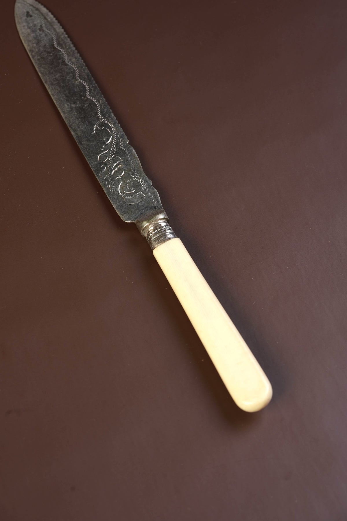 Antique Silver-Mounted Bone-Handled Cake Knife, Engraved Blade