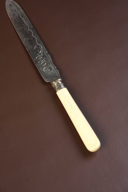 Antique Silver-Mounted Bone-Handled Cake Knife, Engraved Blade