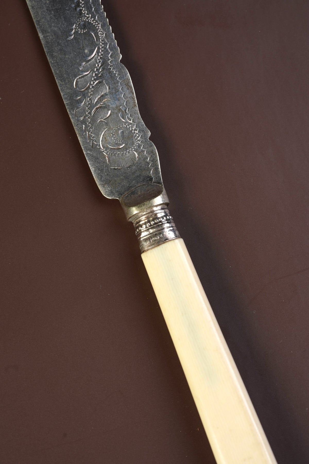Antique Silver-Mounted Bone-Handled Cake Knife, Engraved Blade
