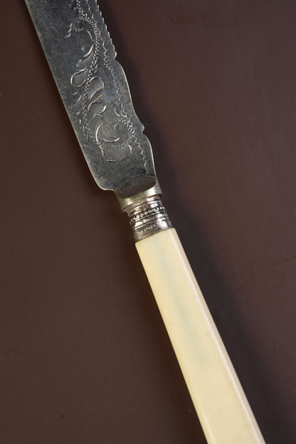 Antique Silver-Mounted Bone-Handled Cake Knife, Engraved Blade