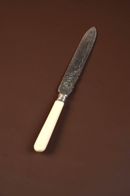 Antique Silver-Mounted Bone-Handled Cake Knife, Engraved Blade