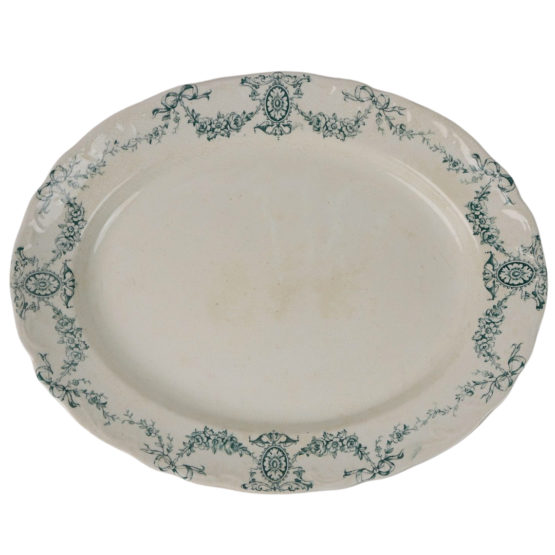 Delicate Green Floral Pattern Antique Platter | Large