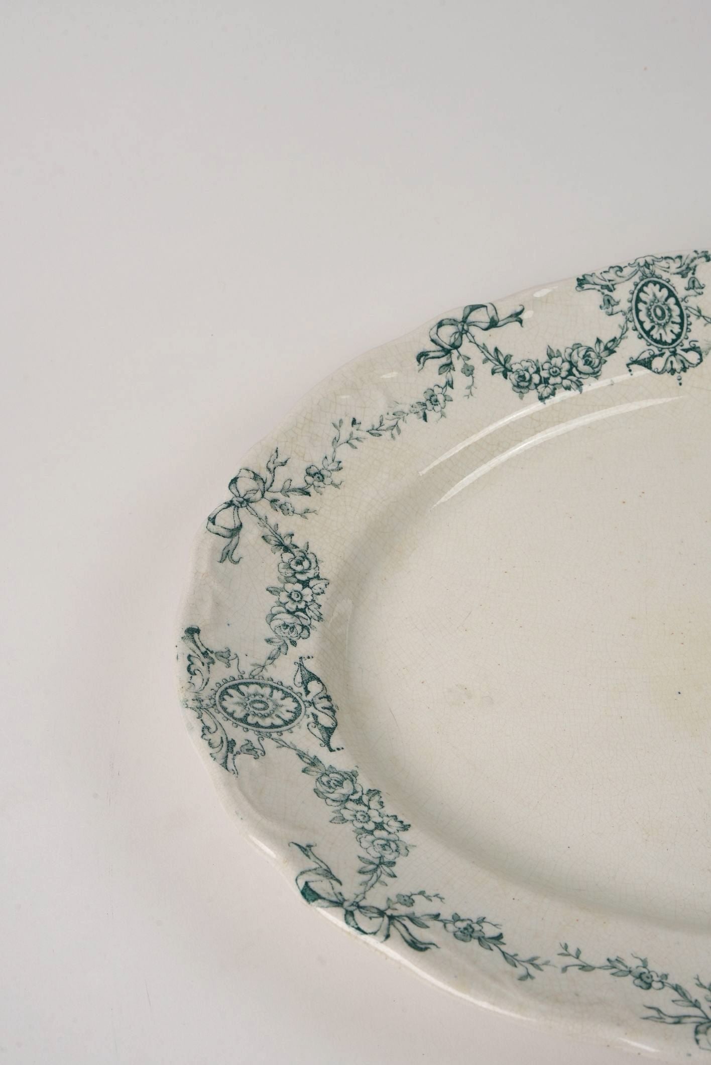 Delicate Green Floral Pattern Antique Platter | Large