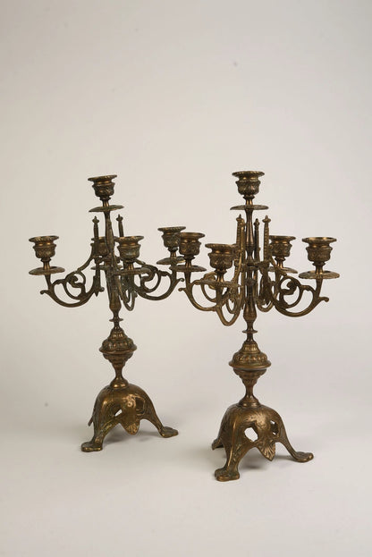 French Brass 5-Arm Candelabras, 19th Century, Set of 2