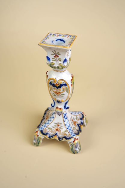 French Faience Rouen Hand-Painted Candlestick
