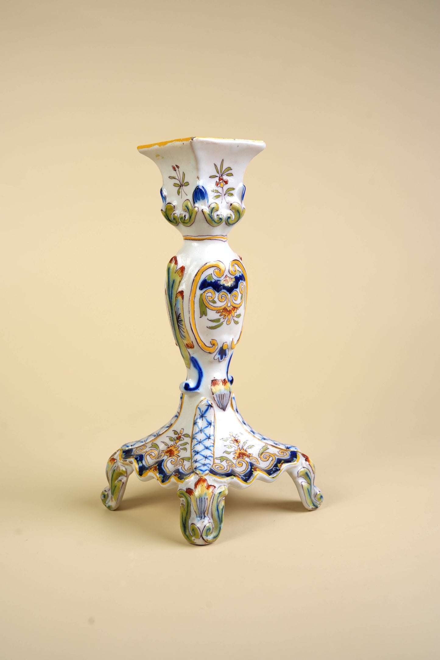 French Faience Rouen Hand-Painted Candlestick