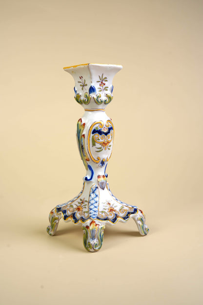 French Faience Rouen Hand-Painted Candlestick