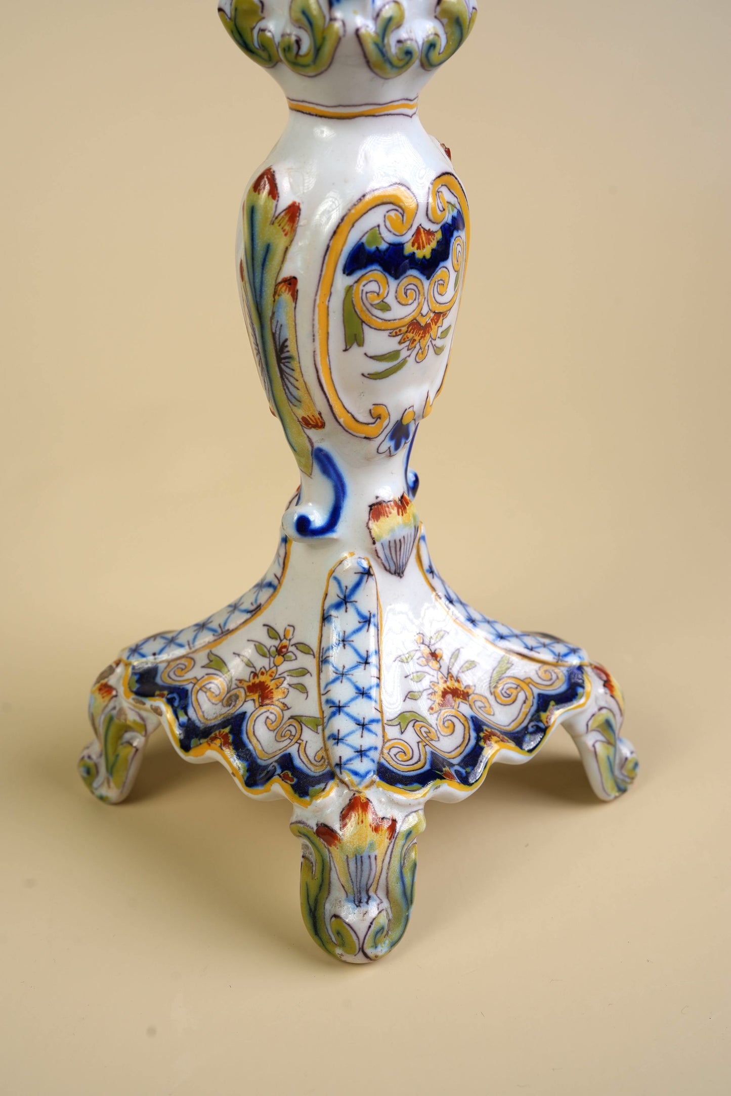 French Faience Rouen Hand-Painted Candlestick