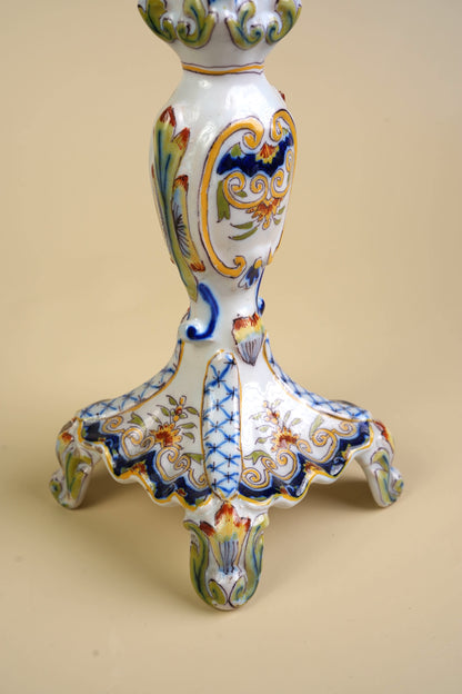 French Faience Rouen Hand-Painted Candlestick