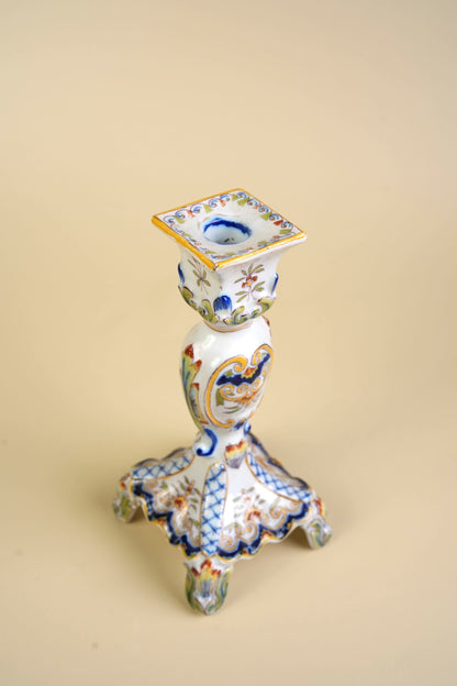 French Faience Rouen Hand-Painted Candlestick