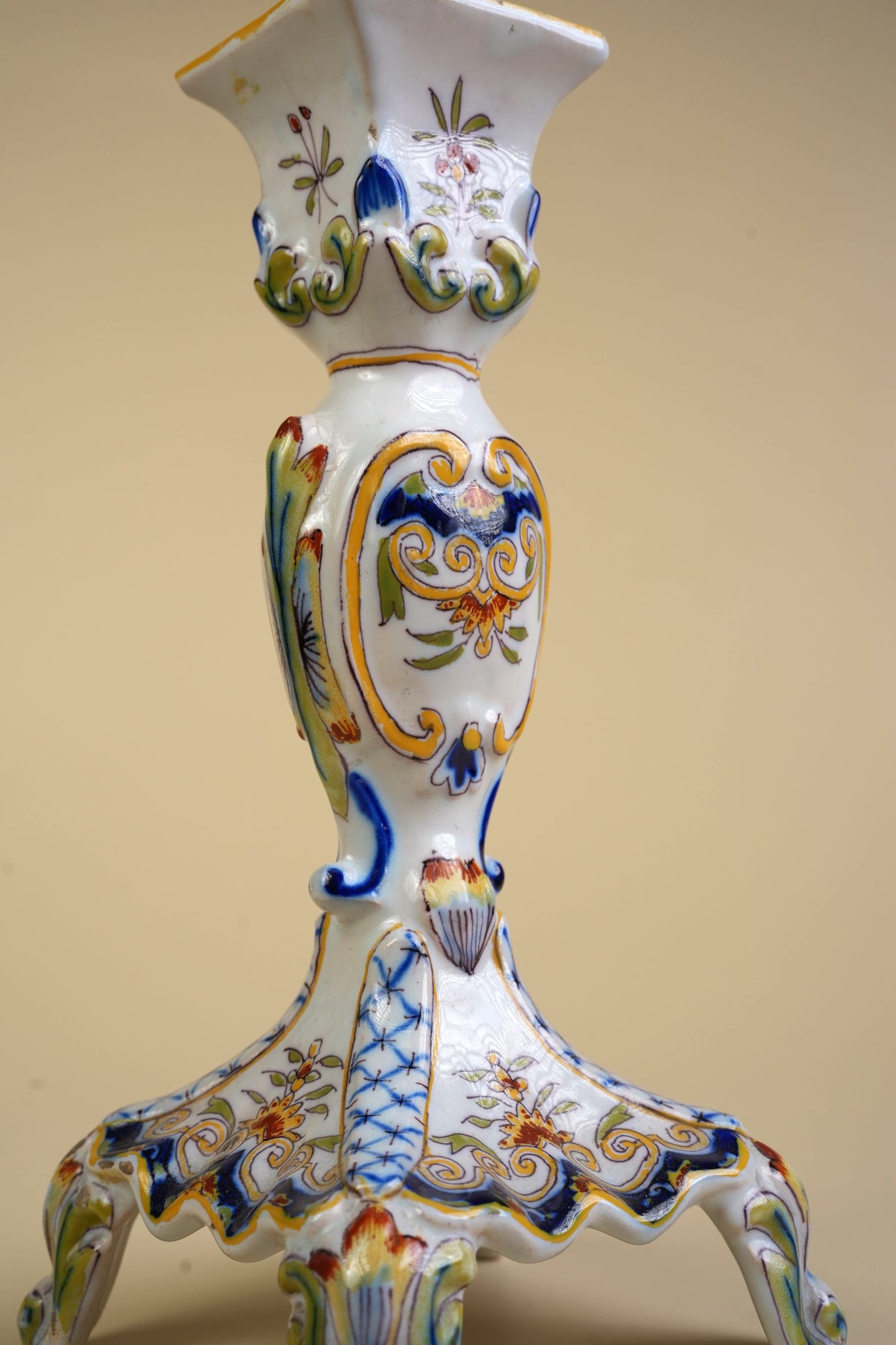 French Faience Rouen Hand-Painted Candlestick