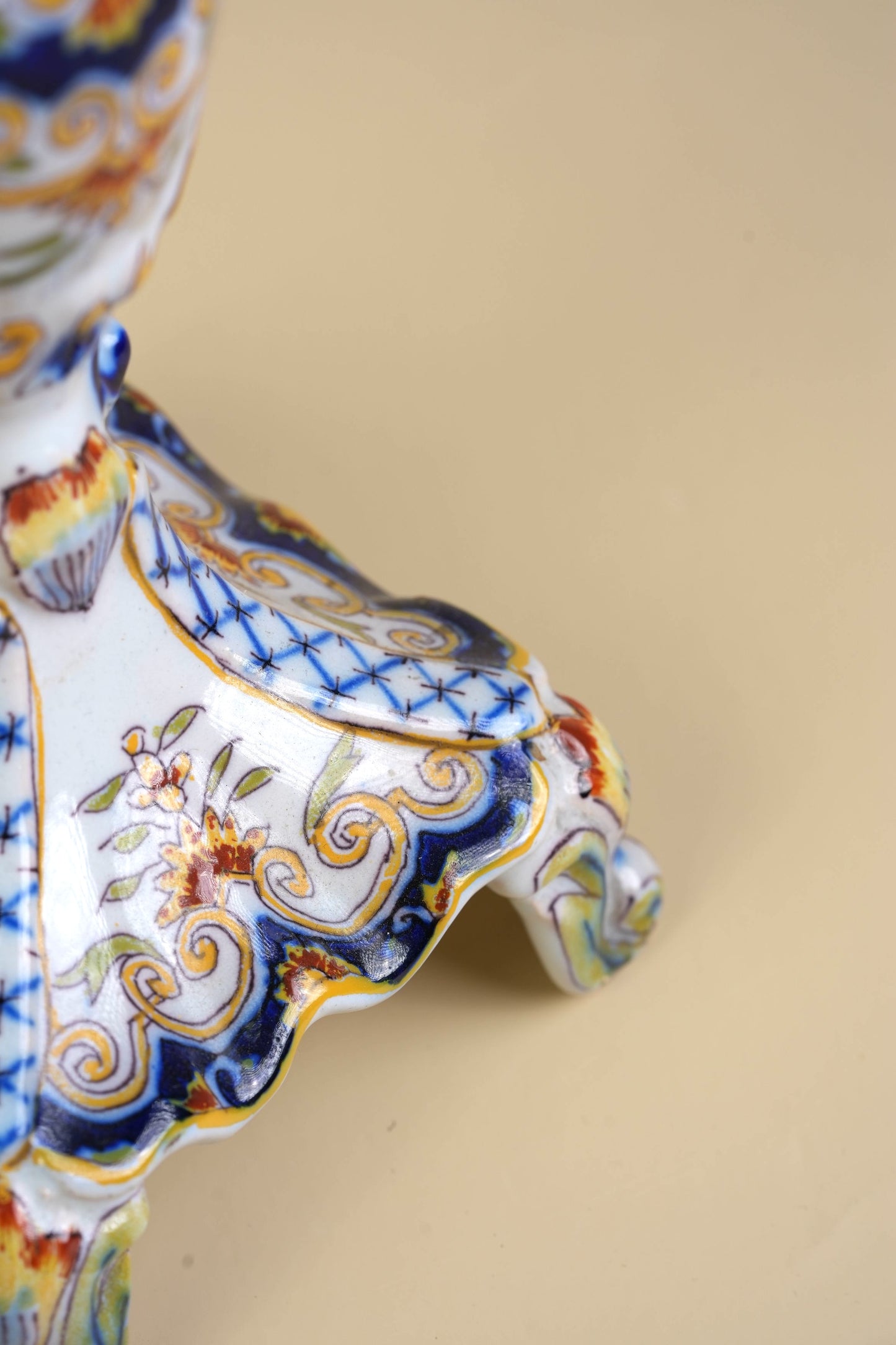 French Faience Rouen Hand-Painted Candlestick
