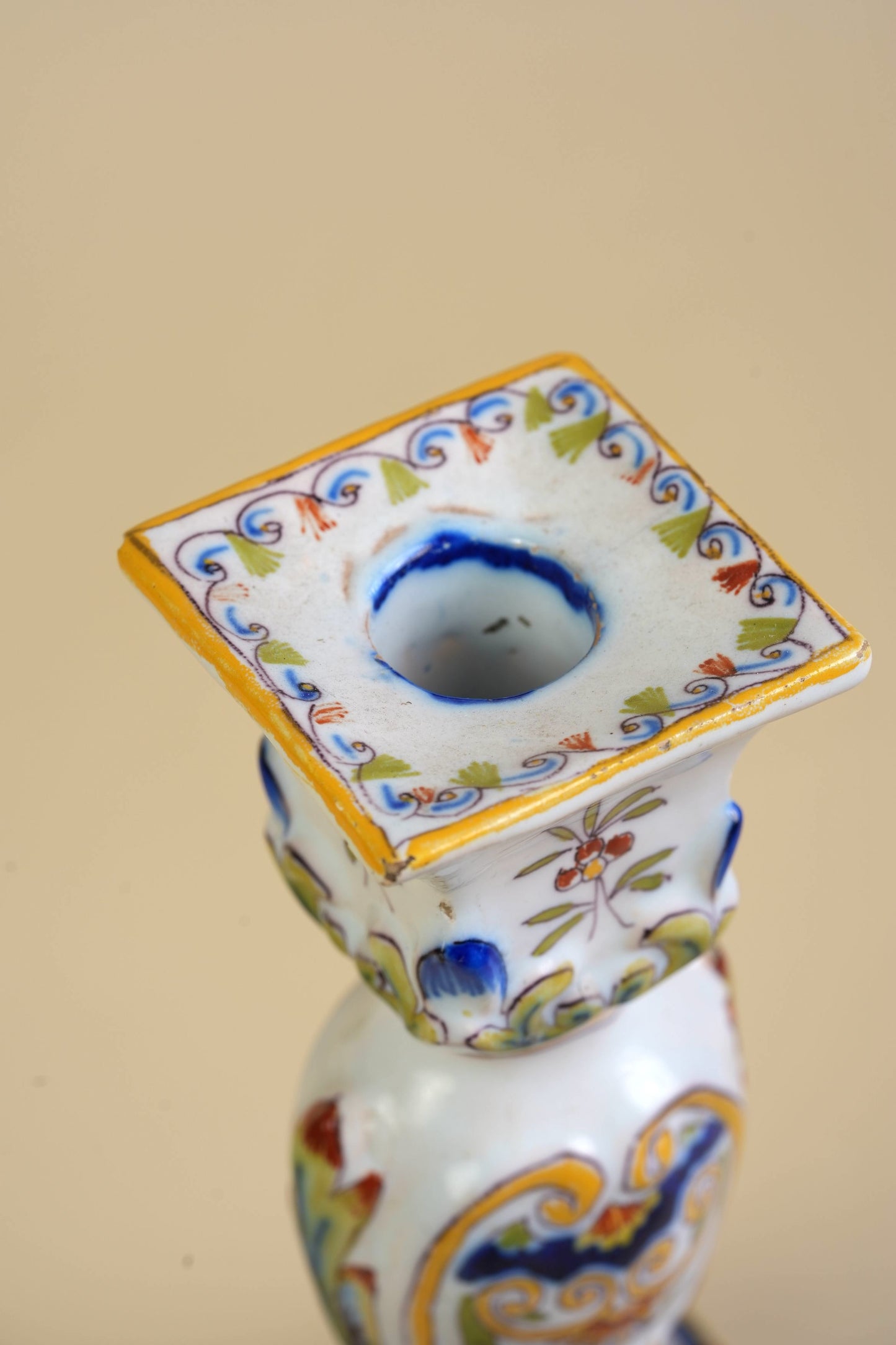 French Faience Rouen Hand-Painted Candlestick