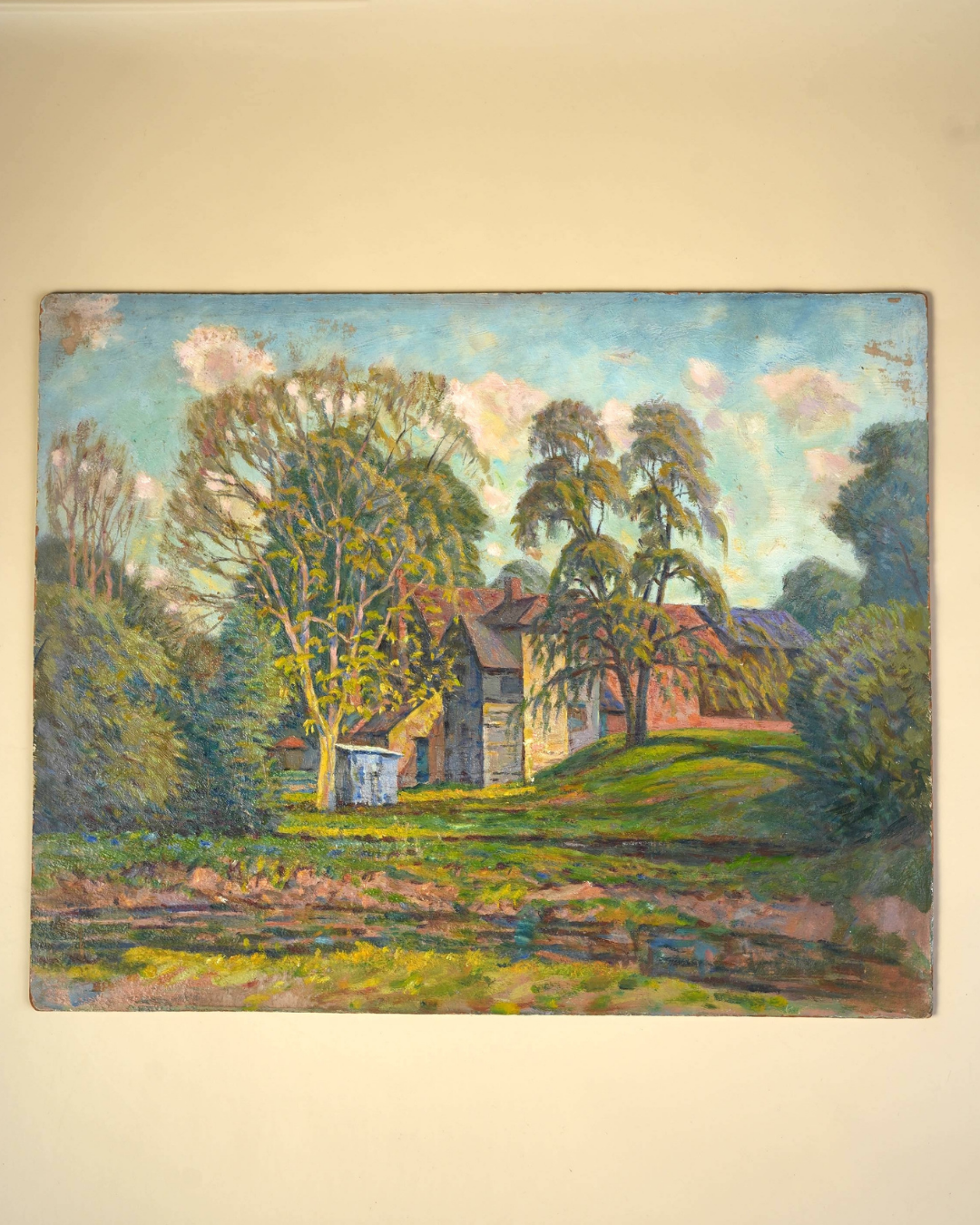Impressionist Oil Painting — Village Houses on a Hill