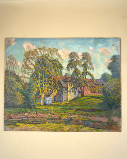 Impressionist Oil Painting — Village Houses on a Hill