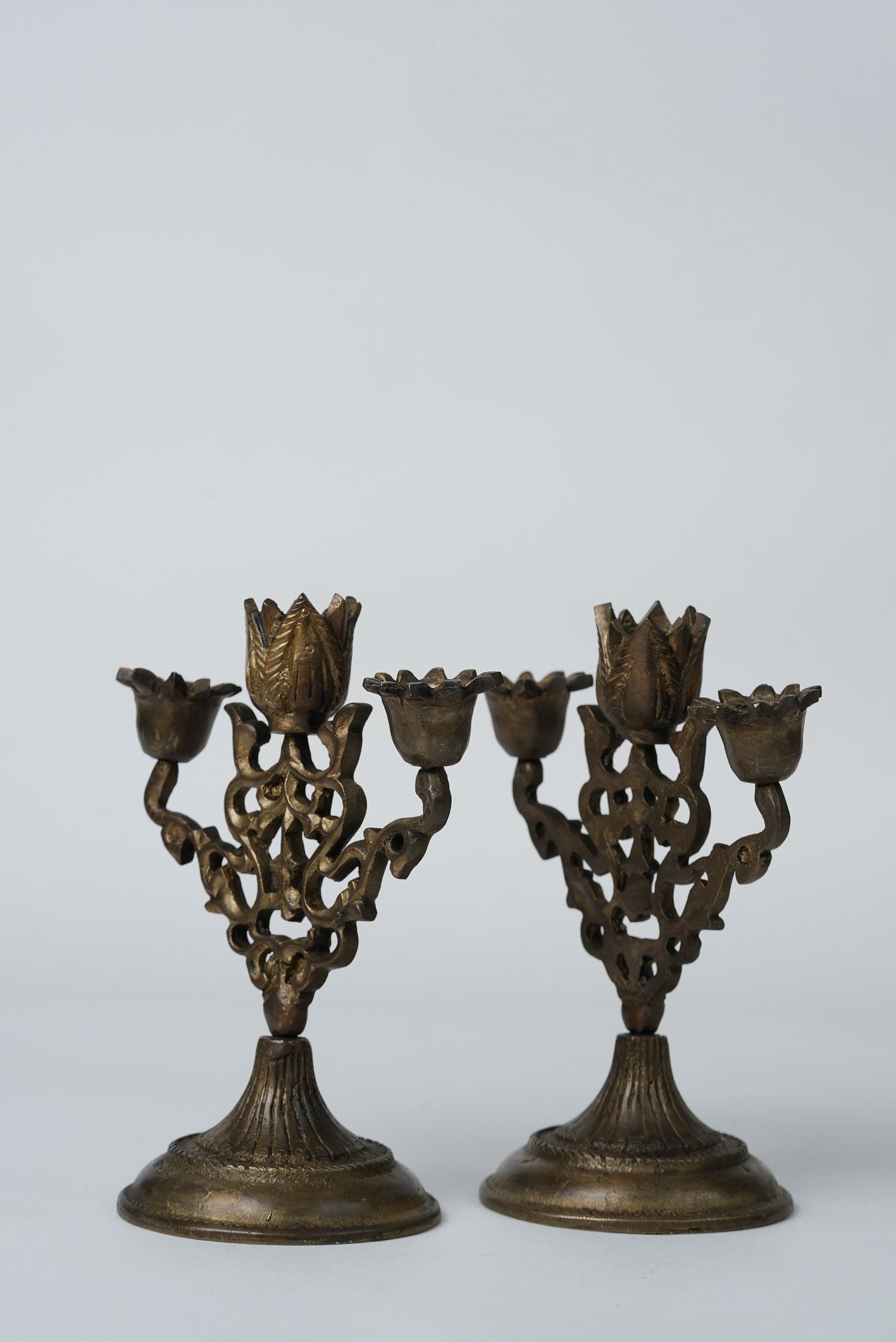 Pair of Antique Brass Floral Candelabras