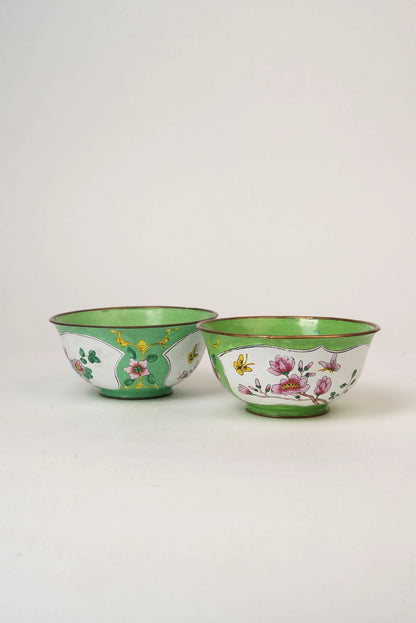 Pair of Hand‑Painted Apple‑Green Enamel Bowls